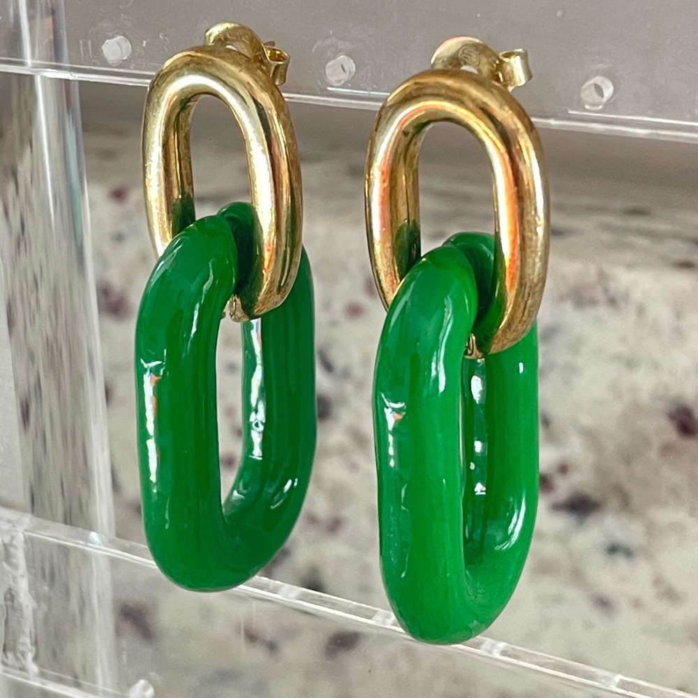 Sheila Fajl Small Shakedown Chainlink Earrings Kelly Green and Gold